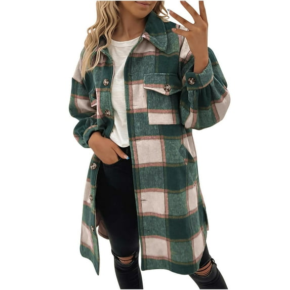 Autumn and Winter Plaid Jackets for Womens 2024 Plus Size Long Sleeve Button Shirts Jacket Coats With Pockets Color Block Coat