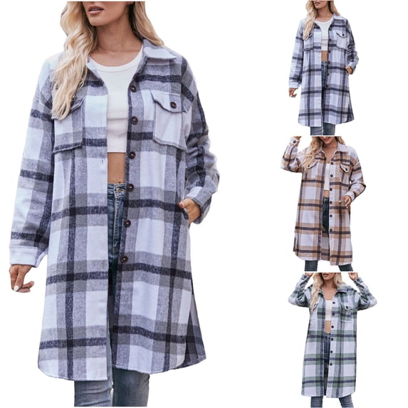 Autumn and Winter Plaid Jackets for Womens 2024 Plus Size Loose Plaid Printed Hatless Jacket Tops