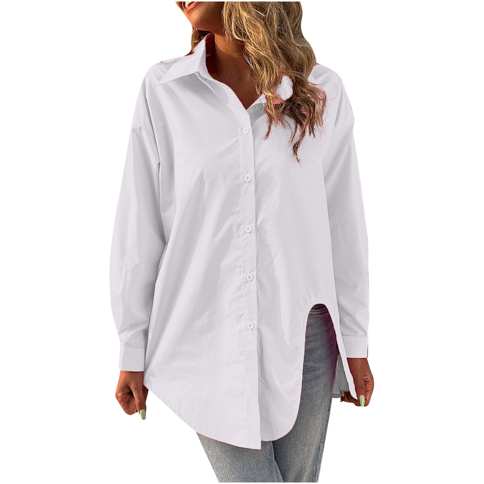 Women Button Front Long Sleeve Loose Casual School Tops Lapel Collar White  Shirt
