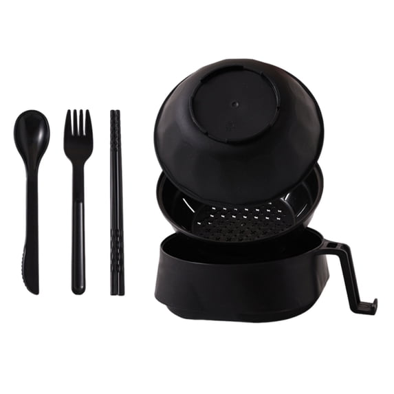 Clearance Under $10 | Black Microwave Ramen Cooker Set - Pasta Bowl with Lid, Strainer, Chopsticks & Spoons