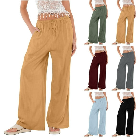Clearance Under 10$!Casual Sweatpants for Womens Plus Size Fsahion summer casual solid color linen wide-legged pants bohemian wind beach pants drawstring loose pants elastic waist casual pants pants
