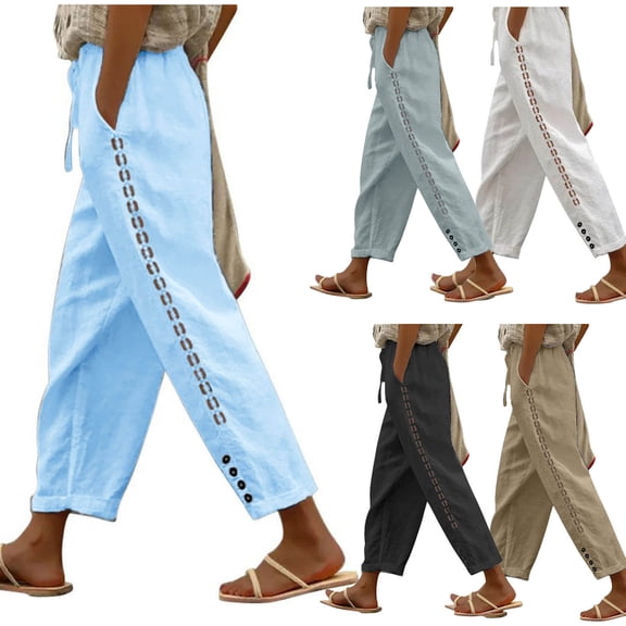 Clearance Under 10$!Casual Sweatpants for Womens Plus Size Fsahion Solid Color Cotton Linen Loose Drawcord Lace Casual Wide Leg Trousers