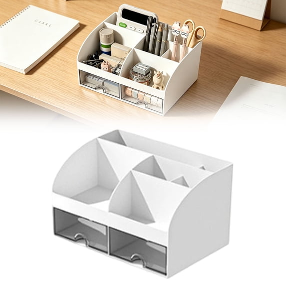 Clearance Under $10 Desk Organizer,6 Compartments & 2 Drawers Plastic Desktop Storage,for Office & Home,1pc,White