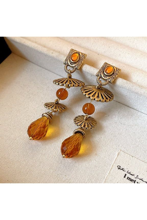Clearance Under 10 Earrings Vintage Amber Crystal Dangle Earrings with Antique Gold Fan Design - Elegant Statement Jewelry A