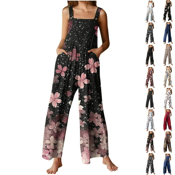 Clearance Under 10$!Fashion Jumpsuit for Womens Plus Size Flower Printing Button Pocket Jumpsuits Jeans Jumpsuit