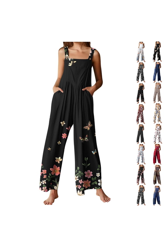 Clearance Under 10$!Fashion Jumpsuit for Womens Plus Size Flower Printing Button Pocket Jumpsuits Jeans Jumpsuit
