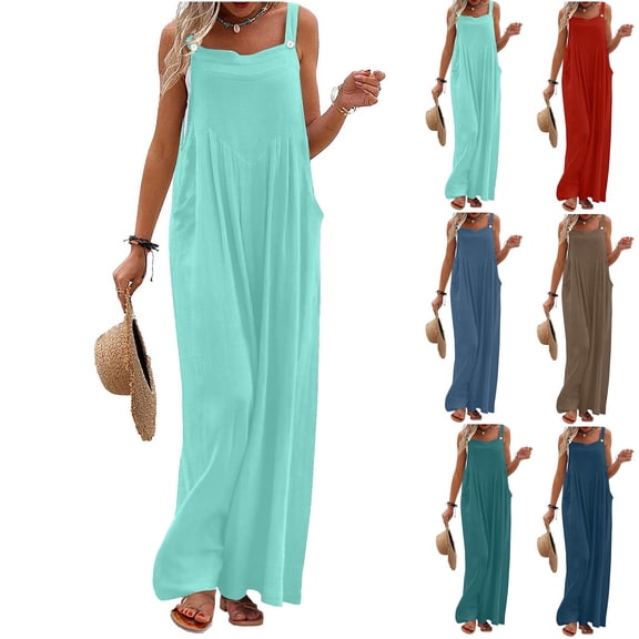 Fashion Jumpsuits for Women Tummy Control Summer Plus Size Printed Jumpsuit Casual Button Pocket Sleeveless Wide Leg Trousers