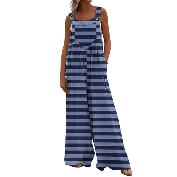 Fashion Jumpsuits for Women Tummy Control Summer Plus Size Printed Jumpsuit Casual Button Pocket Sleeveless Wide Leg Trousers