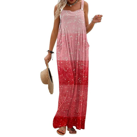 Fashion Jumpsuits for Women Tummy Control Summer Plus Size Printed Jumpsuit Casual Button Pocket Sleeveless Wide Leg Trousers