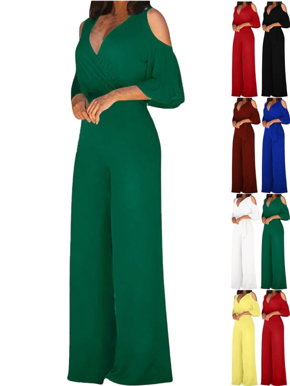 Clearance Under 10$!Fashion Jumpsuits for Women Tummy Control Summer Plus Size Wide Leg Pants Solid Short Sleeve V-Neck Tops Jumpsuits