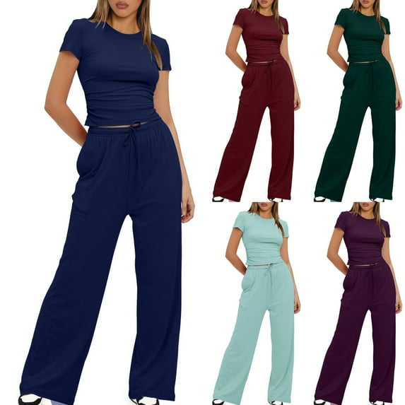 Fashion Plus Size 2 Picec of Sets for Womens Summer and Fall Round Neck Solid Short Sleeve Blouse +Long Pants Elastic Waist Sets