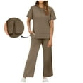 thumbnail image 1 of Fashion Plus Size 2 Picec of Sets for Womens Summer and Fall Solid Color Round Neck Short Sleeve Side Split Pants Set, 1 of 9