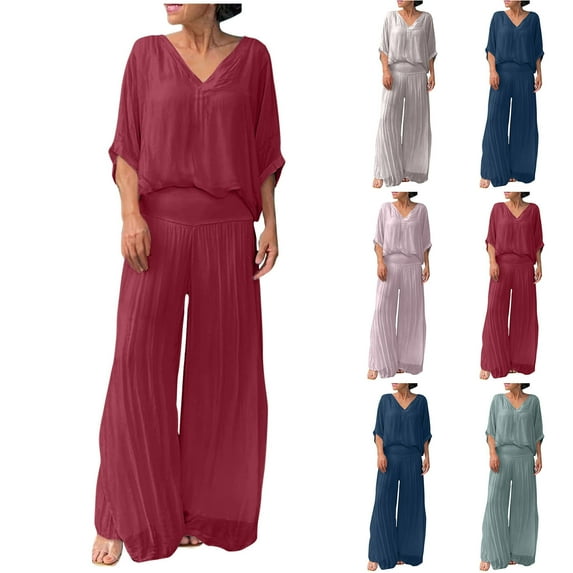 Fashion Plus Size 2 Picec of Sets for Womens Summer and Fall V-neck Solid Color Short Sleeve Wide Legs Split Fork Loose Pants