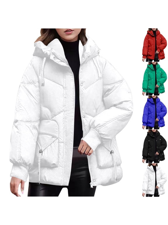 Fashion Plus Size Jackets for Womens Winter Warm Long-sleeved Hooded Pocket Solid Color Casual Jacket