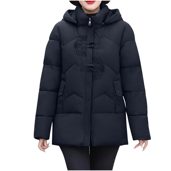Fashion Plus Size Jackets for Womens Winter Warm Solid Color Embroidered Jacket Button Double Pocket Zipper Long Sleeved Parkas
