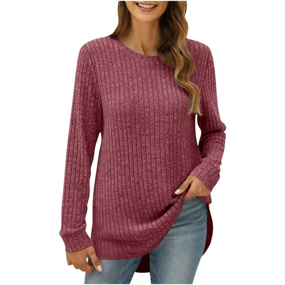 Fashion Plus Size Shirts Tops for Womens Casual Loose Round Neck Brushed Rib Solid Color Low Curved Hem Top