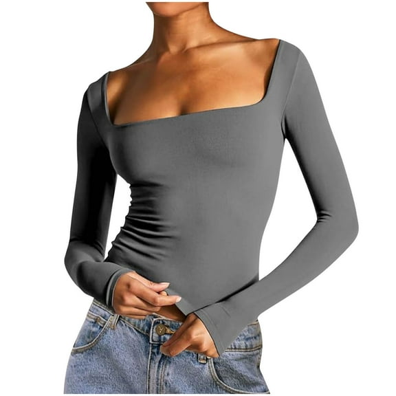 Fashion Plus Size Shirts Tops for Womens Casual Solid Color Square-neck Fall/Winter Long Sleeved Loose Blouses Shirts