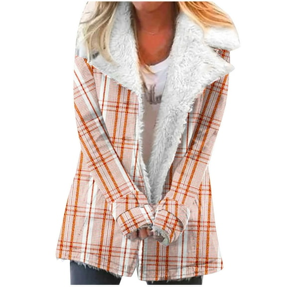 Fashion Winter Warm Caots for Womens Plus Size Zip Up Plaid Printed Fashionable Long Sleeved Pocket Composite Plush Button Coat