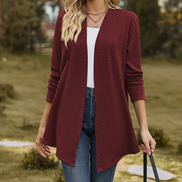 Fatuov Wine Oversized Cardigan Sweaters for Women Long Sleeve Solid Color Long Cardigan Sweaters Fashion Sweater Cardigans M