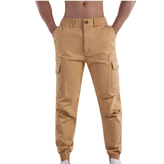 Fshion Casual Pants for Mens Stretch Waist Plus Size Solid Color Cargo Pockets Elastic Rope Waist Casual Cargo Pants
