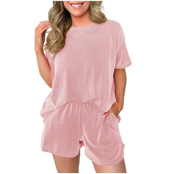 Fsshion Two Piece of Sets for Womens Summer Plus Size Casual Round Neck Short Sleeve Blouse Pockets Pants Suit