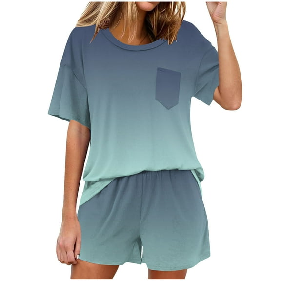 Fsshion Two Piece of Sets for Womens Summer Plus Size Casual Solid Color Home Short Sleeved Round Neck Pajama Top With Pants Set