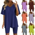 thumbnail image 1 of Fsshion Two Piece of Sets for Womens Summer Plus Size V-Neck Solid Color Blouse Short Sleeve Tops Shorts Casual Suit Sets, 1 of 1