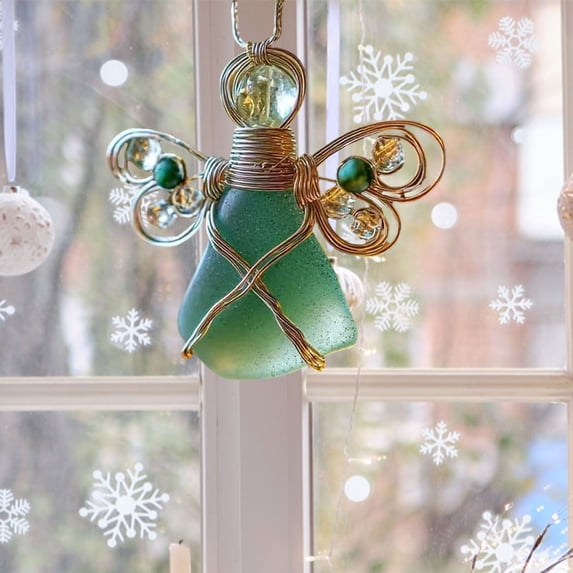 Clearance Under $10 Handmade Sea Glass Angel Ornament Wire Wrapped Wing Hanger Natural Holiday Pendant,1PC,Green