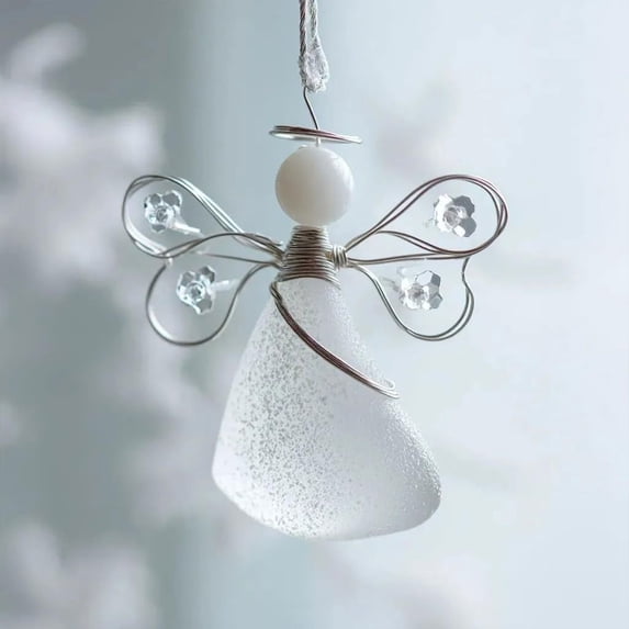 Clearance Under $10 Handmade Sea Glass Angel Ornament Wire Wrapped Wing Hanger Natural Holiday Pendant,1PC,Silver