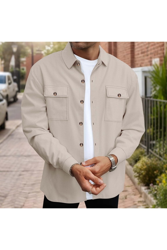 Under $10 Jackets for Men Button Down Waffle Long Sleeve Shirt Jacket Fall Casual Lightweight Shacket Overshirt with Pockets