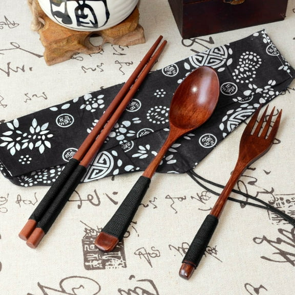 Clearance Under $10 Japanese Vintage Wooden Chopsticks Spoon Fork Tableware 3pcs Set