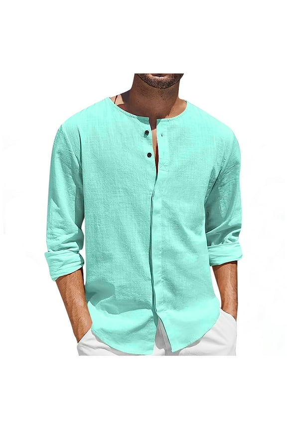 Under $10 Linen Shirts for Men Lightweight Long Sleeve Regular Fit Button Down Shirt Casual Summer Beach Collarless T Shirts Tops