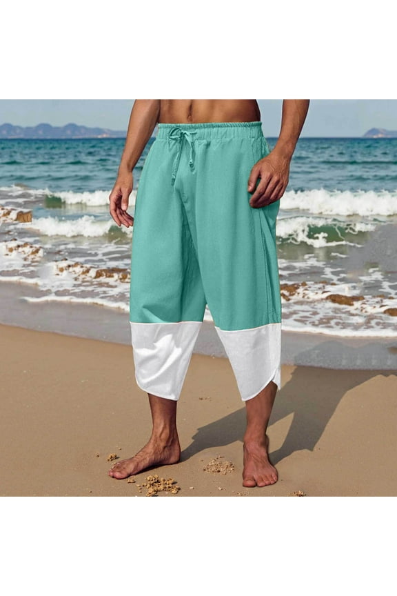 Under $10 Men's Color Block Linen Harem Capri Pants Lightweight Loose Drawstring Elastic Waist Casual Beach Boho Yoga Trousers
