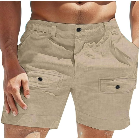 Clearance Under 10 Men's Swim Trunks Men Swimsuit Ndbuld Men Casual Solid Linen Stretch Beach Button Pocket Elastic Waist Shorts Khaki 3XL