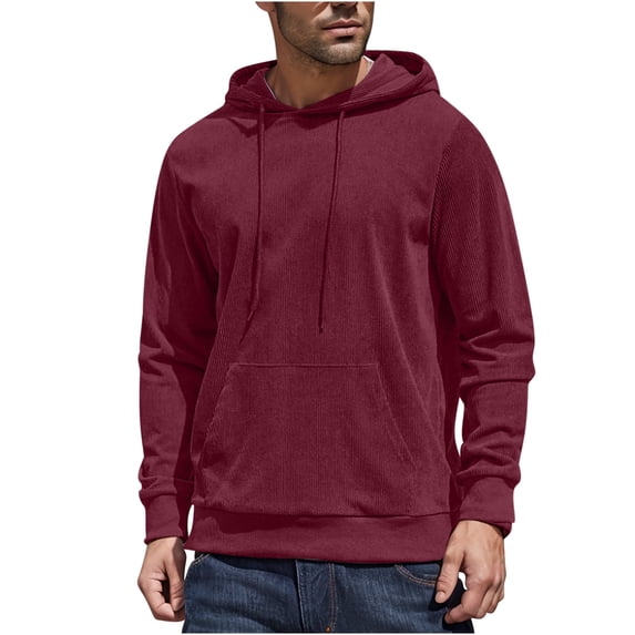Under $10 Mens Hooded Sweatshirt Long Sleeve Casual Corduroy Drawstring Pullover Hoodies with Pocket