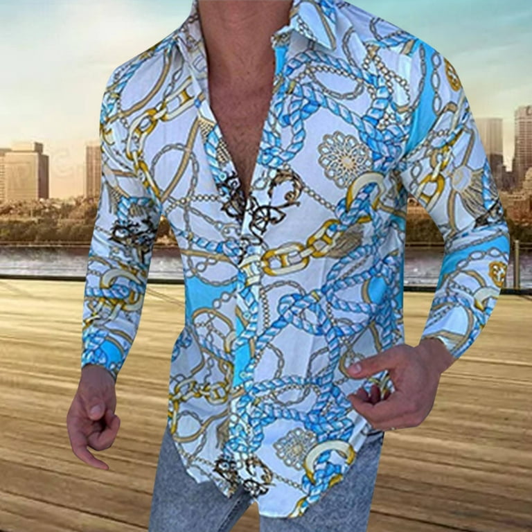 Clearance Under 10$!Mens Summer Tops 2024 Plus Size Turn-down Hawaiian  Shirt Lapel Button 3D Printing Casual Slim Long-sleeved Multicolor Shirt