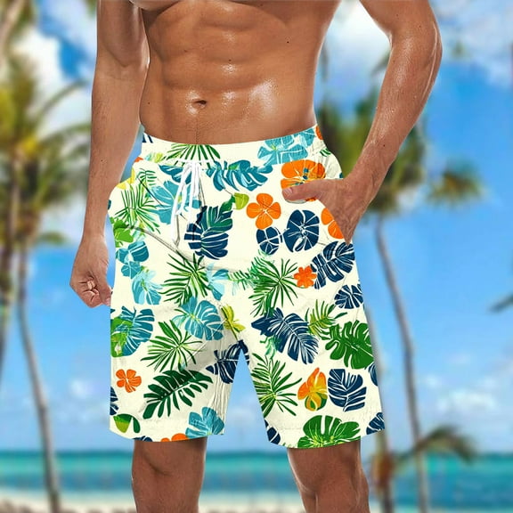 Miqool Mens Swim Trunks Holiday Hawaiian Floral Beach Shorts Quick Dry Board Shorts Bathing Suit with Pockets