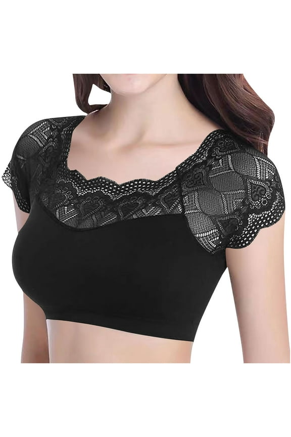Womens Short Sleeve Lace Crop Top Slim Fitted Going Out Tops Casual Basic T-Shirts Base Layer Undershirts
