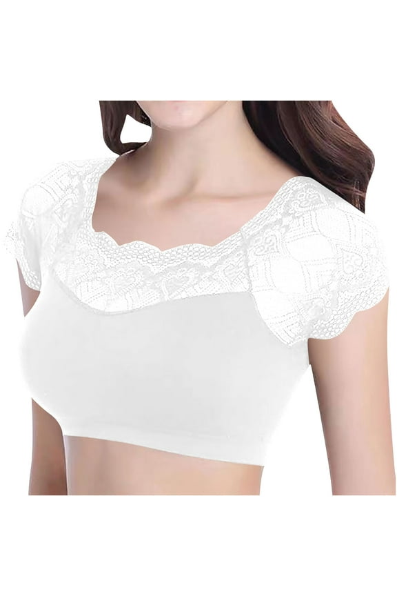 Womens Short Sleeve Lace Crop Top Slim Fitted Going Out Tops Casual Basic T-Shirts Base Layer Undershirts