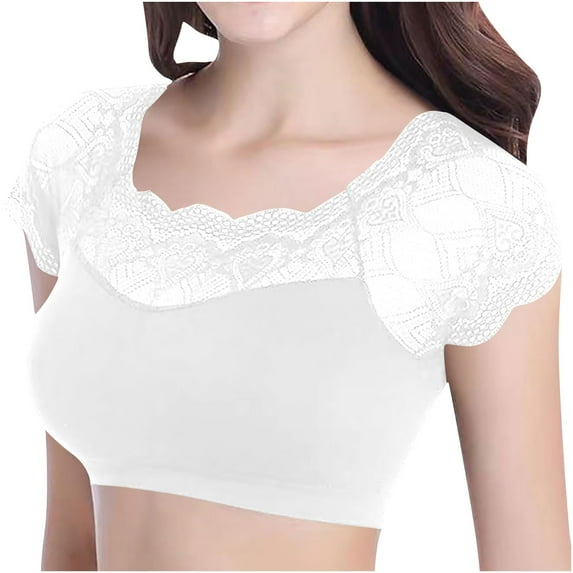 Miqool Womens Short Sleeve Lace Crop Top Slim Fitted Going Out Tops Casual Basic T-Shirts Base Layer Undershirts