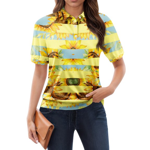 NAMTYQX Going Out Tops for Women Uk Slacking Trendy Short Sleeve Lapel V Neck Womens Bowling Shirt Soft Gold Size L