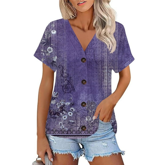 NAMTYQX T Shirts for Women Trending Short Sleeve Soft Loose Fit Plus Size V Neck Light Casual Open Front Patterned Purple Size S