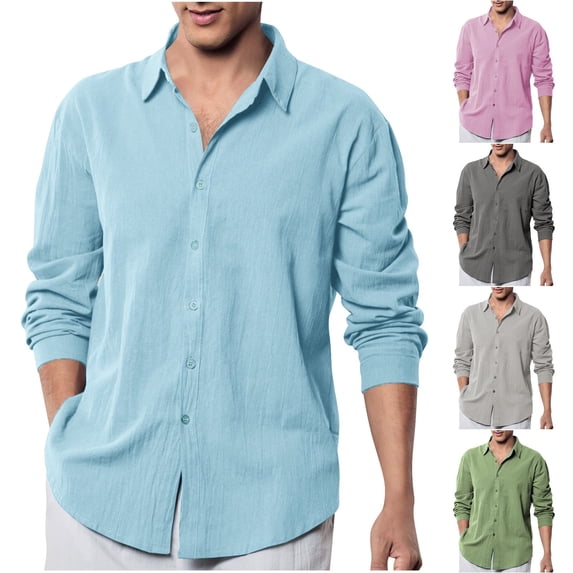 Clearance Under 10$! New Fashion Mens Tops 2024 Plus Size Long Sleeve And Linen Solid Color Long-sleeved Lapel Top/shirt