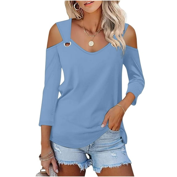 New Womens Summer Tops 2024 Plus Size Fashion 3/4 Sleeve Solid Color V-Neck Pullover Strapless Tops Shirts Blouse