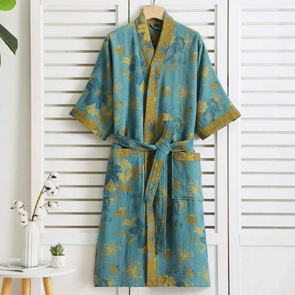Under $10 Nexjvus Robes for Women Cotton Short Sleeve Double-Layer Gauze Bathrobe Lightweight Sleepwear Robe for women Size L