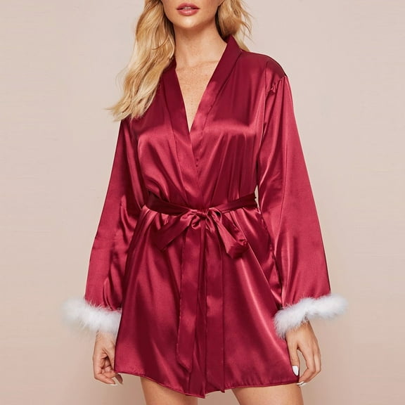 Clearance Under $10 Nexjvus Robes for Women Kimono Robe Silk Short Satin Robe With Feathered Size S-XXL