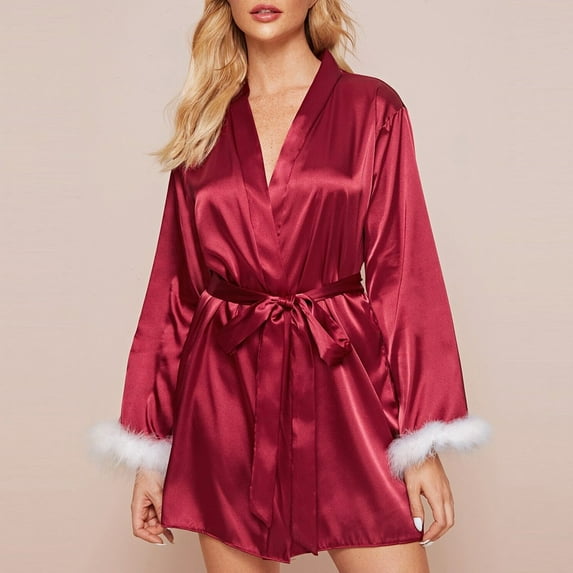 Clearance Under $10 Nexjvus Robes for Women Kimono Robe Silk Short Satin Robe With Feathered Size S-XXL