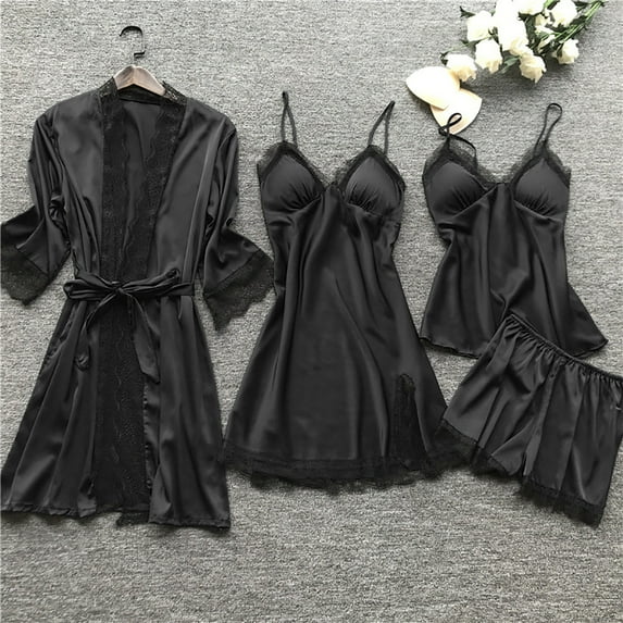 Under $10 Nexjvus Womens Robes 4 Piece Silk Lace Satin Robe Dress Sleepwear Nightdress Pajamas Set Size S-5XL
