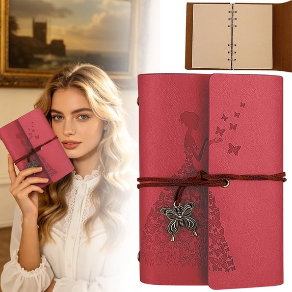 Clearance Under $10 PU Leather Blank Journal Notebook,Butterfly Embossed Cover with 150 Unlined Pages,for Travel Diary & Creative Sketching,1pc,Red
