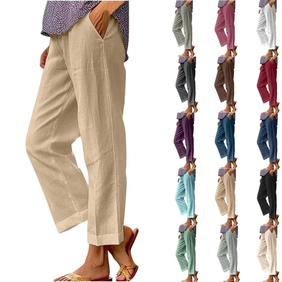 Plus Size Casual Pants for Womens Cotton and Linen Solid Color Elastic Waist Versatile Straight Tube Casual Wide Leg Pants